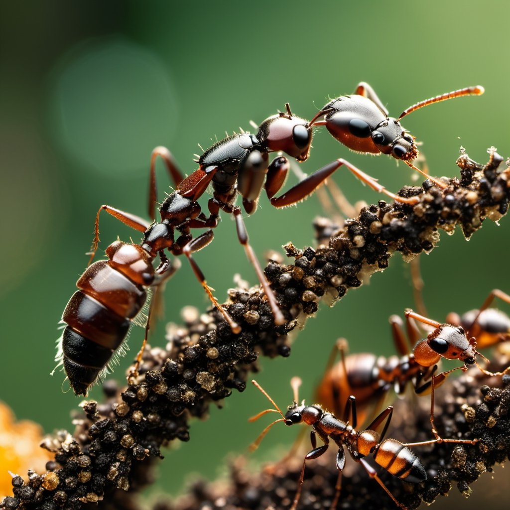 Peer into the secret world of an ant colony, where industrious workers scurry along well-worn trails. Focus on the minute details of their bodies and the granular texture of their environment in a super macro shot that uncovers the bustling life within.