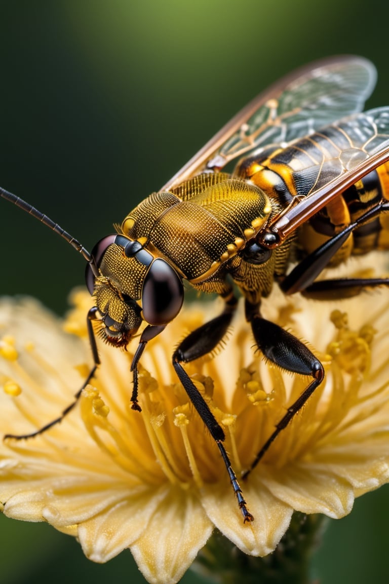 Capture the mesmerizing world of an insect in extreme detail with a super macro shot. Zoom in to reveal the intricate patterns of its exoskeleton, the delicate veins of its wings, and the tiny hairs that adorn its body. Let the play of light and shadow highlight the minuscule details, creating a visual spectacle that unveils the hidden beauty of the insect kingdom.