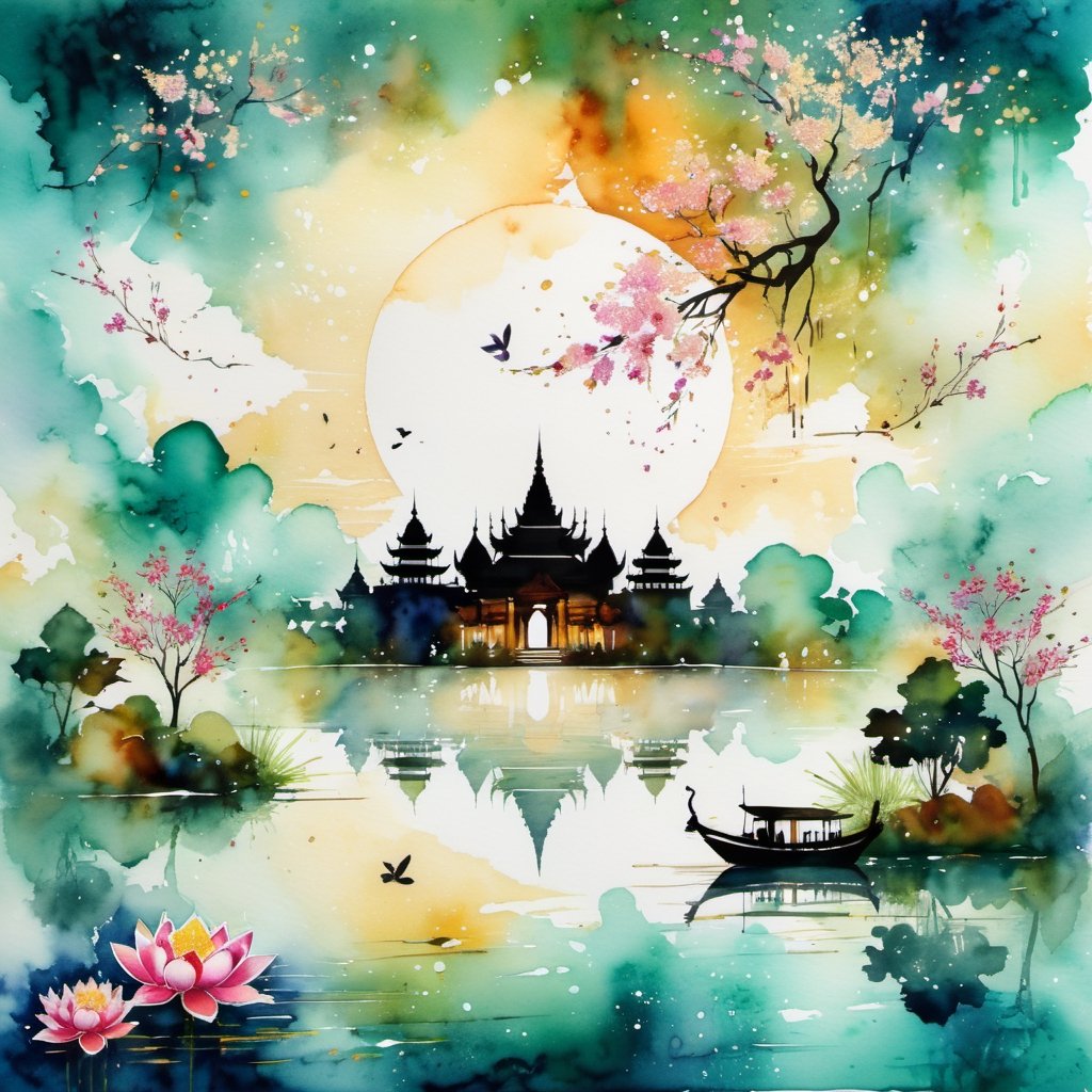(Chakrabhand Posayakrit style:1.5), Illustrate the enchanting Loy Krathong Festival Night in the distinctive color lineart and alcohol ink / splash style/ style of Chakrabhand Posayakrit. The meticulous lines highlight the intricate craftsmanship, while the watercolor washes infuse the image with a sense of vibrancy and fluidity, backdrop is a god castle silhouette and cloud far away