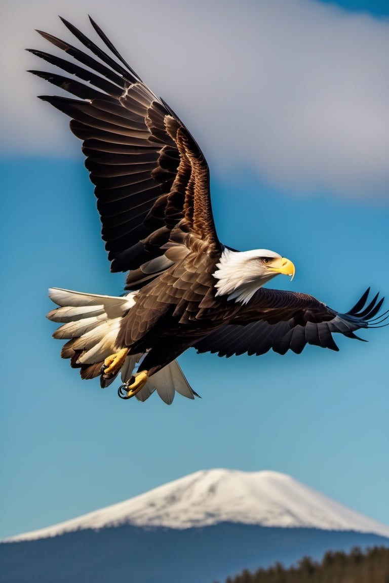 A photograph of a bald eagle in flight, its wings outstretched against a backdrop of a cerulean sky. Each feather is meticulously detailed, showcasing the avian prowess of this apex predator in its expansive, open-air domain.