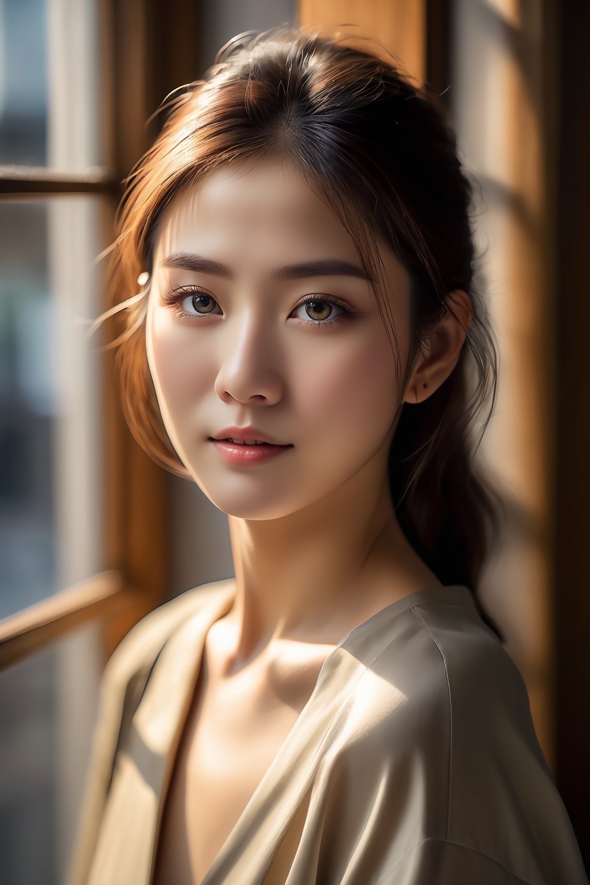 a  woman, Japanese 25 yo,(detailed eye:1.2) look to viewer, pose for advertising, sunlight thru the window, 8k photo, style of Annie Leibovitz