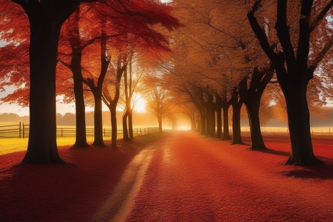A photograph capturing a tranquil scene of a countryside bathed in the warm hues of fall, with trees lining the horizon in a riot of red and gold. The play of light and shadow adds depth, creating an idyllic setting.