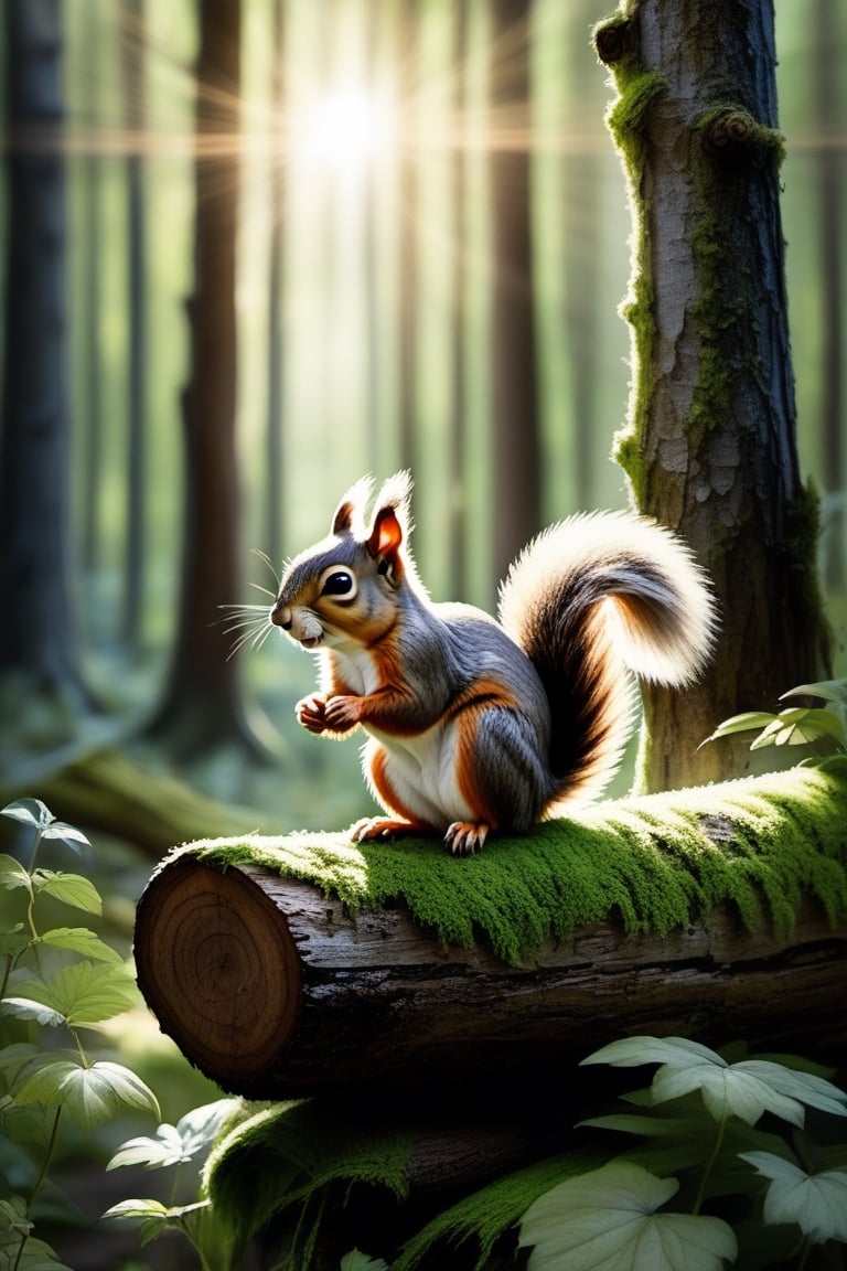 A watercolor illustration of an inquisitive squirrel, poised on a moss-covered log in a verdant forest. The dappled sunlight filters through the leaves, creating a magical interplay of light and shadow that dances across the squirrel's fur, blending seamlessly with the forest floor.