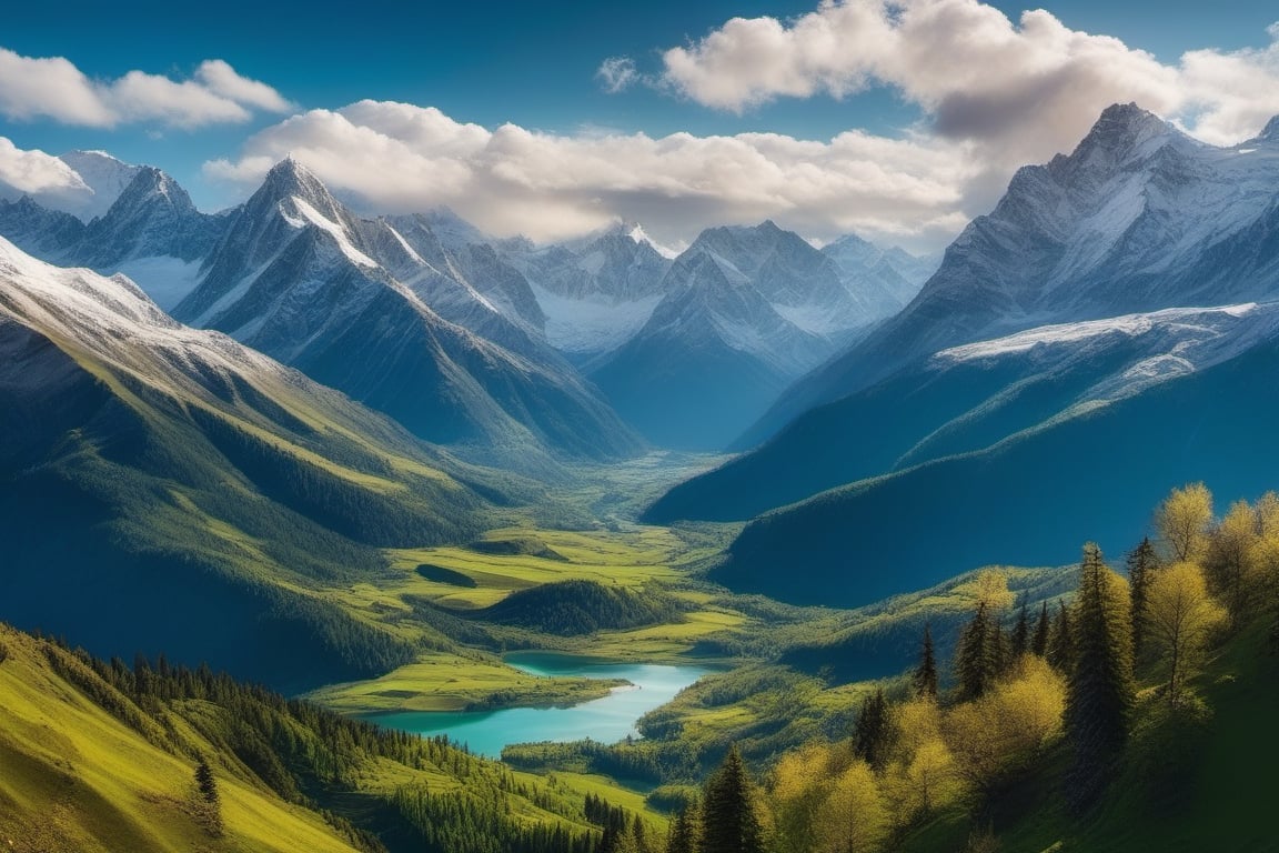 A photograph capturing the grandeur of a mountain range, where the snow-capped peaks stretch majestically into the azure sky. The valleys below are a patchwork of verdant forests and winding rivers, creating a harmonious blend of ruggedness and tranquility.