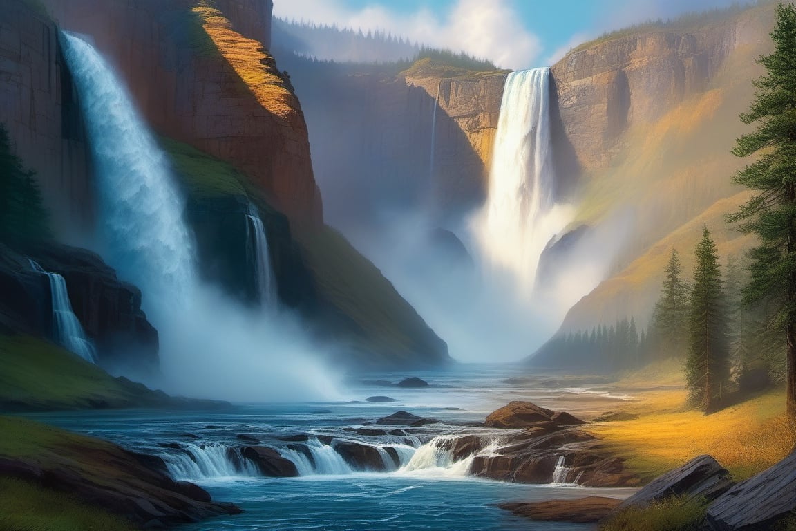 A digital painting showcasing a powerful waterfall framed by rugged cliffs, where the water crashes down in a spectacular display of nature's force. The mist rises like a veil, shrouding the falls in an aura of mystery and enchantment.