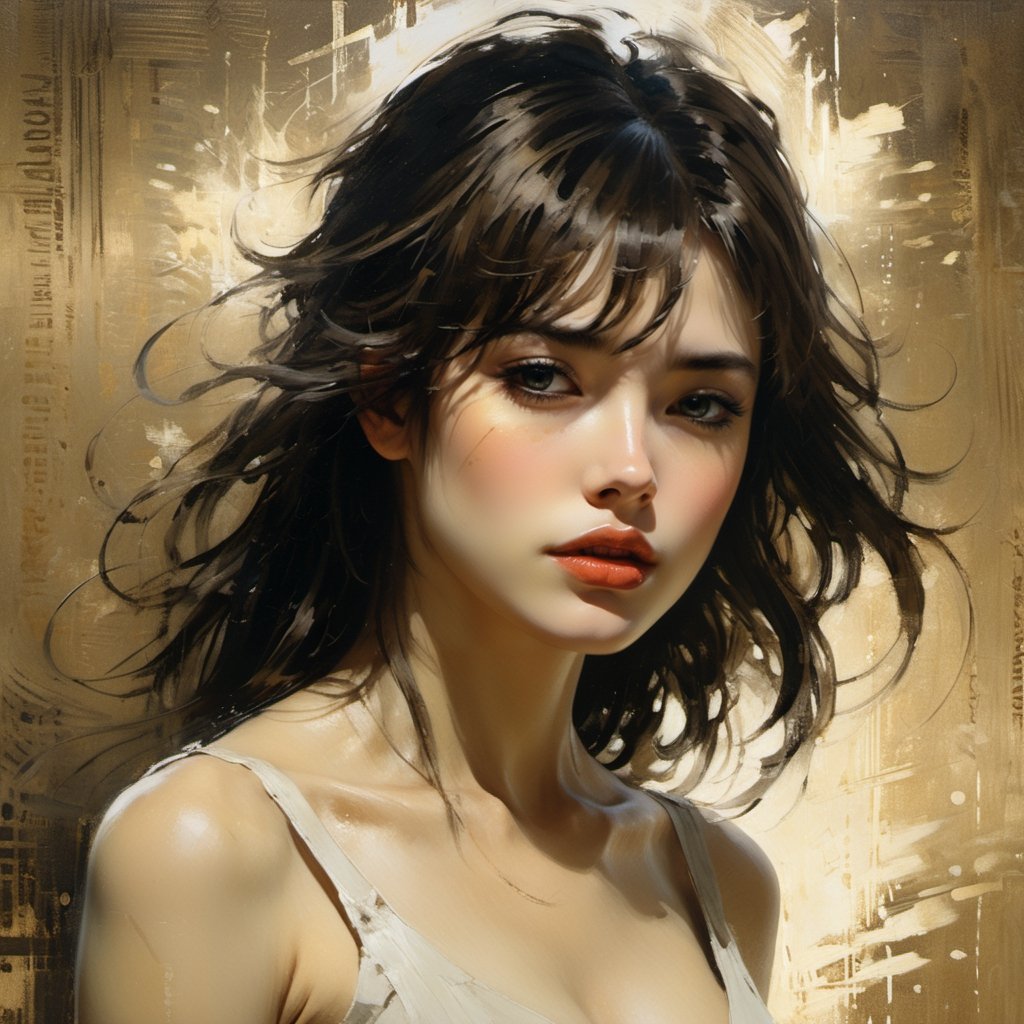 background - rough burlap, relief, oil painting, thin smooth lines, long strokes, light delicate shades, clear contours. + 36.5mm f0 cinematic quality, + style by Jeremy Mann, Peter Elson, Alex Maleev, Ryohei Hase, Raphael Sanzio, Pino Daeni, Charlie Bowater, Albert Joseph Penaud, Ray Caesar, HR Giger, Gustave Dore, Stephen Gammell, masterpiece, perfect anatomy, beautiful face, artistic portrait, multi-layered sheets, techniques used: sfumato, chiaroscuro, atmospheric perspective, acrylic painting, trends on pixiv fanbox, palette knife and brush strokes, makoto shinkai style Jamie Wyeth James Gillard Edward Hopper Greg Rutkowski studio Ghibli genshin Impact, painting