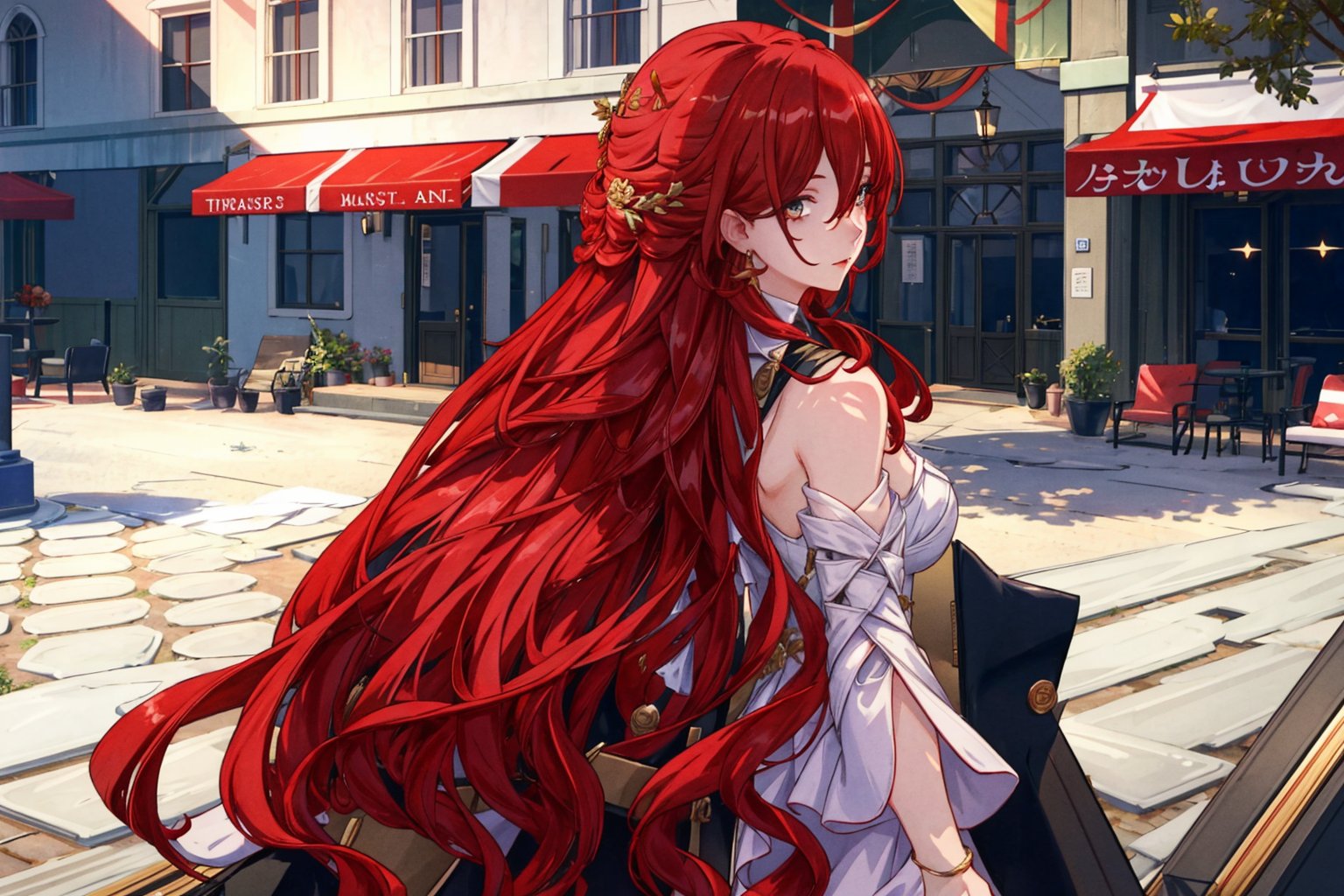 (Masterpiece, top quality, best quality, official art, beautiful and aesthetic:1.2), 1girl, official, head, red hair, long hair, white dress, black jacket, from_behind, upper_body
