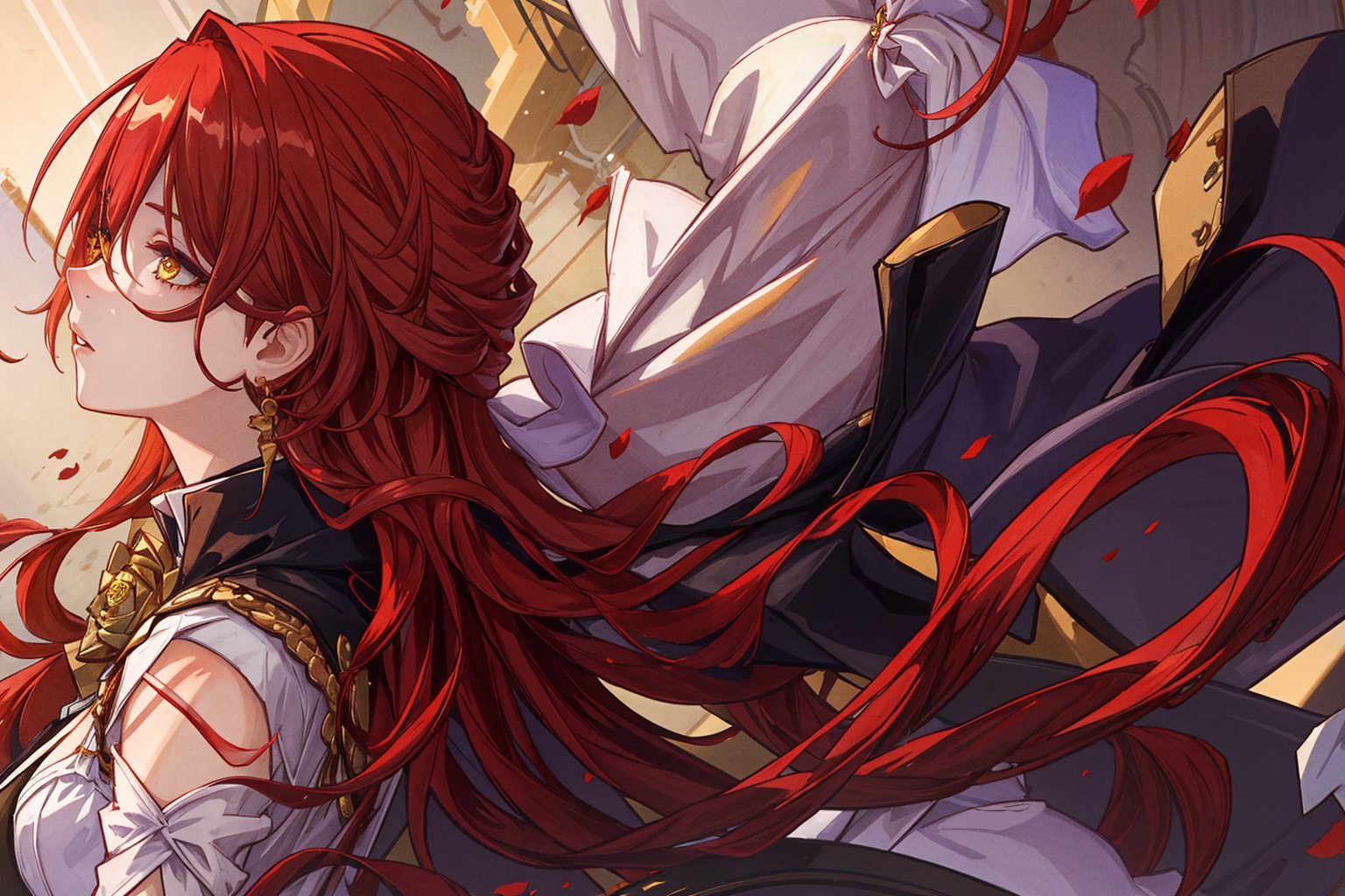 (Masterpiece, top quality, best quality, official art, beautiful and aesthetic:1.2), 1girl, official, head, yellow eyes, red hair, long hair, white dress, black jacket, golden rose on neck, single earring, from_behind