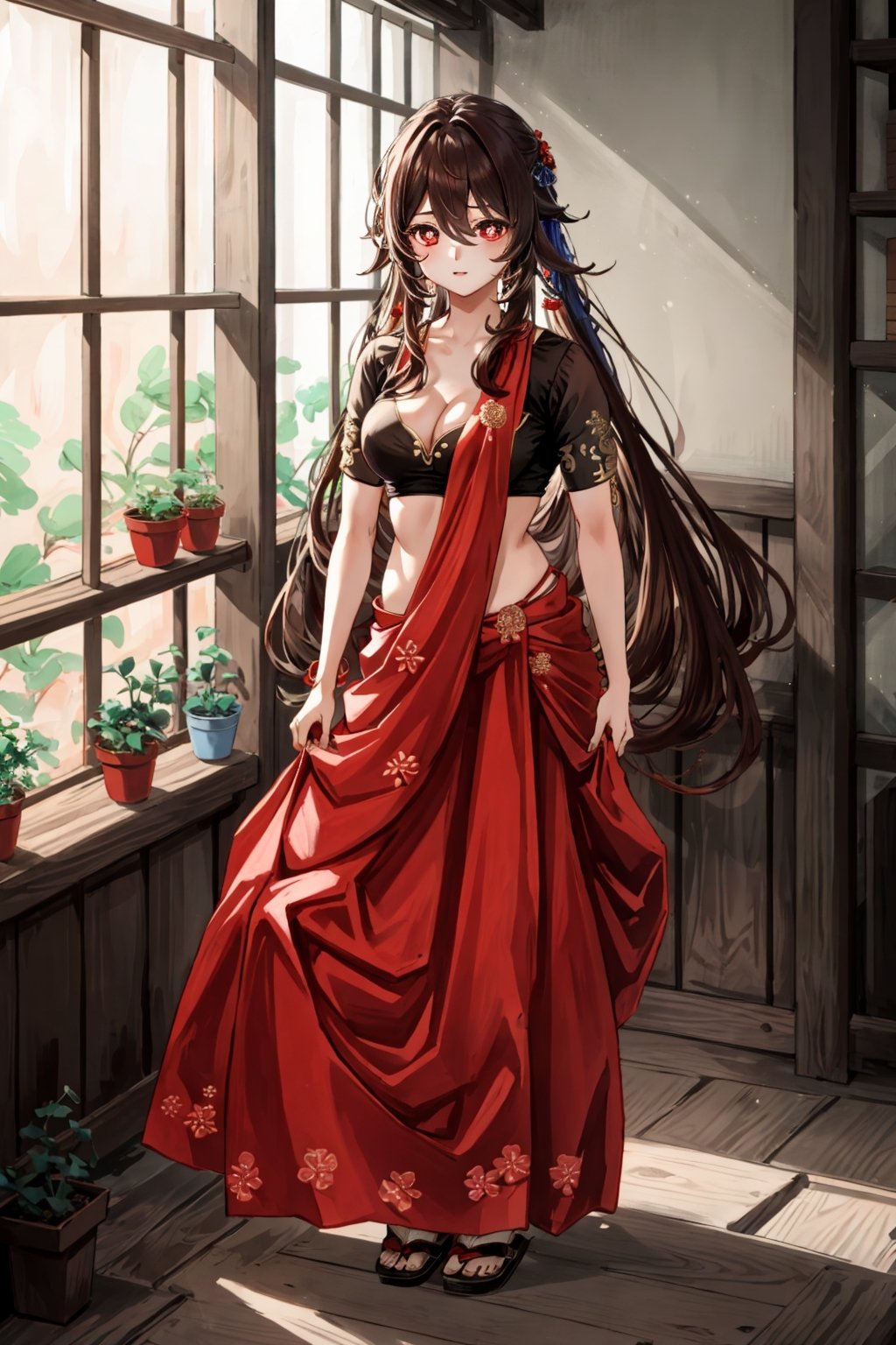 masterpiece, best quality,1girl, hu tao (genshin impact), red eyes, twintails, brown hair, solo, symbol-shaped pupils, long hair,bangs, saree,  cleavage cutout, indian dress,,brown Saree,realistic,brown blouse, sexy, tiny_breasts