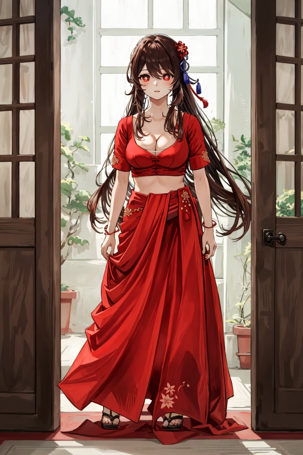 masterpiece, best quality,1girl, hu tao (genshin impact), red eyes, twintails, brown hair, solo, symbol-shaped pupils, long hair,bangs, saree,  cleavage cutout, indian dress,,brown Saree,realistic,brown blouse