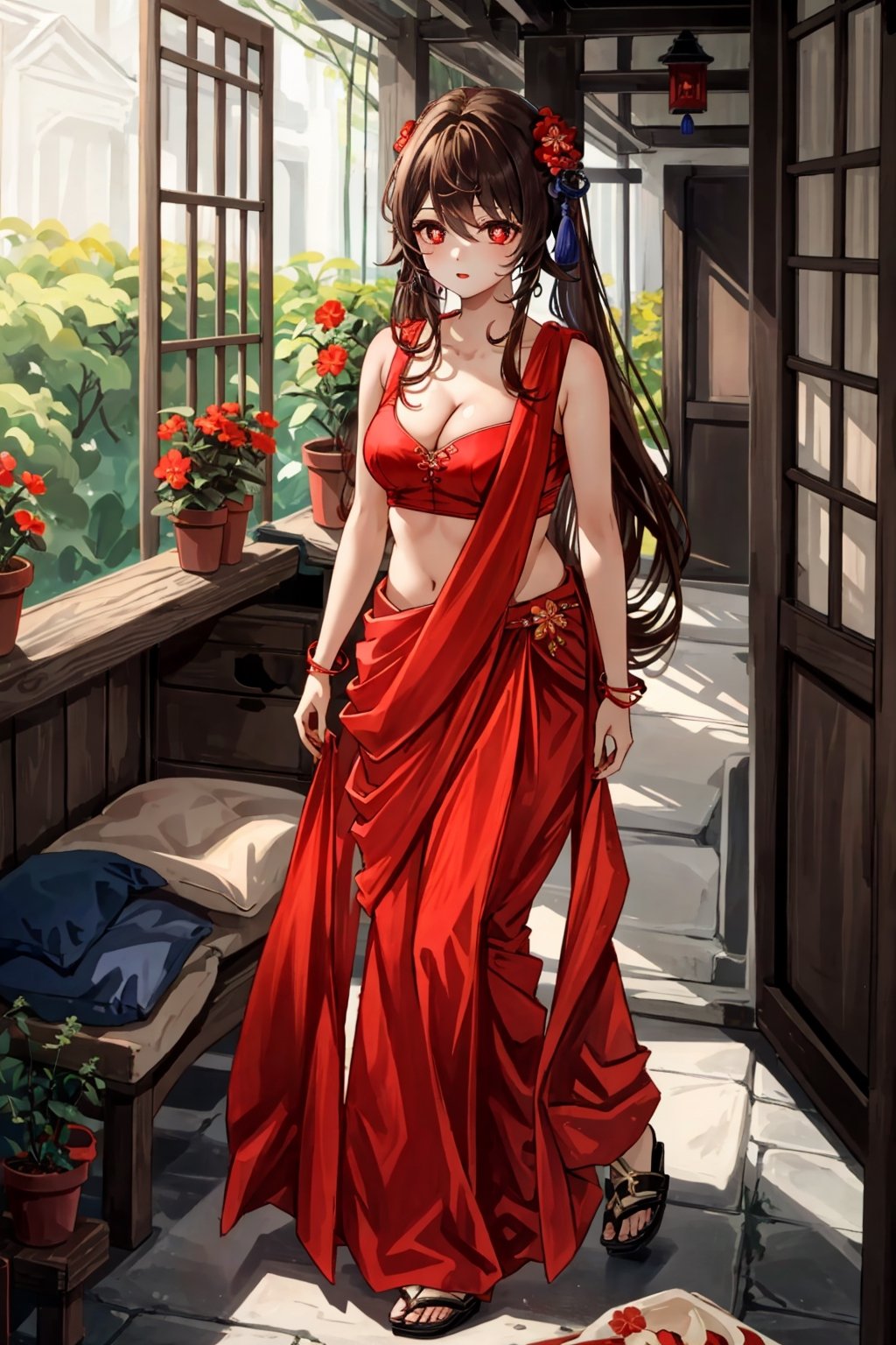 masterpiece, best quality,1girl, hu tao (genshin impact), red eyes, twintails, brown hair, solo, symbol-shaped pupils, long hair,bangs, saree,  cleavage cutout, indian dress,,brown Saree,realistic,brown blouse, sexy, tiny_breasts