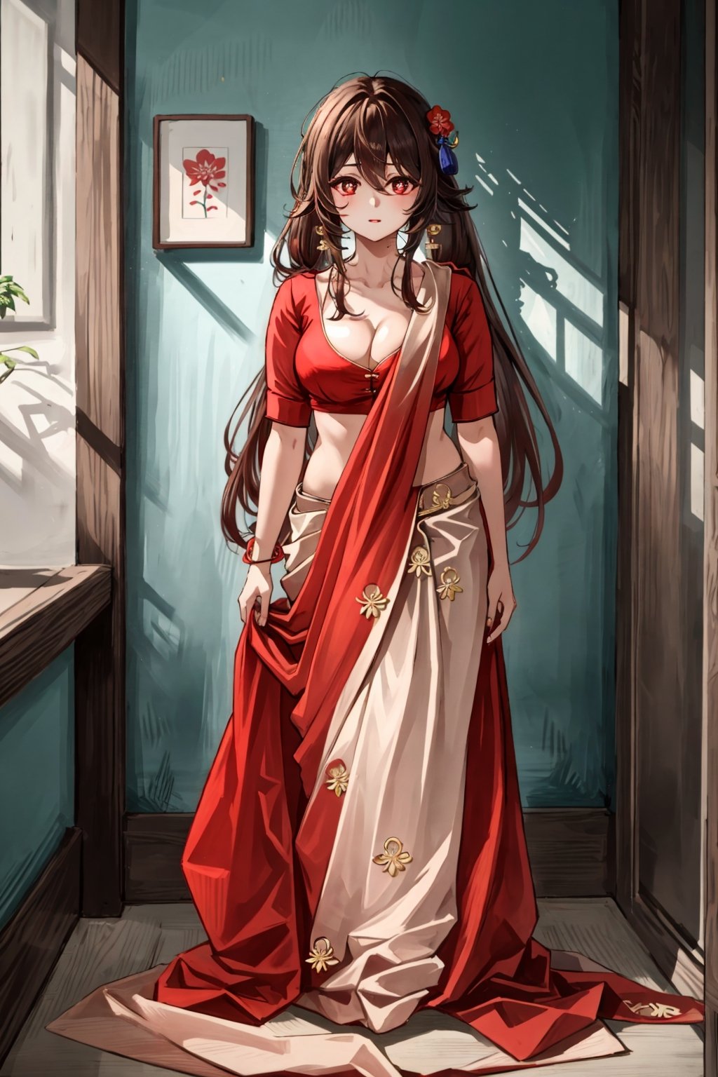 masterpiece, best quality,1girl, hu tao (genshin impact), red eyes, twintails, brown hair, solo, symbol-shaped pupils, long hair,bangs, saree,  cleavage cutout, indian dress,,brown Saree,realistic,brown blouse