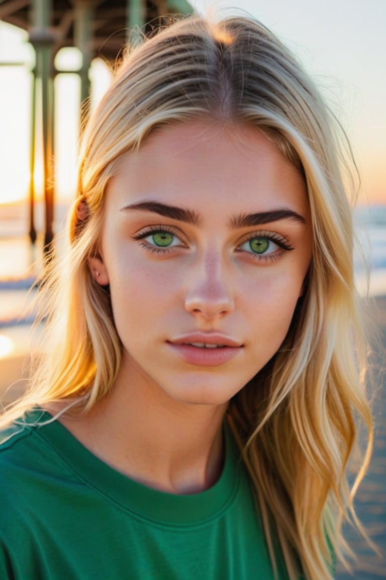 teen, droopy ((green eyes)), arched eyebrows, straight medium blonde hair, pale, skinny, outdoors in Huntington Beach Pier, California, at sunset, style of b-movie aesthetics, hyperrealism, hyper-realistic, photo-realistic techniques, captivating documentary photos, quito school