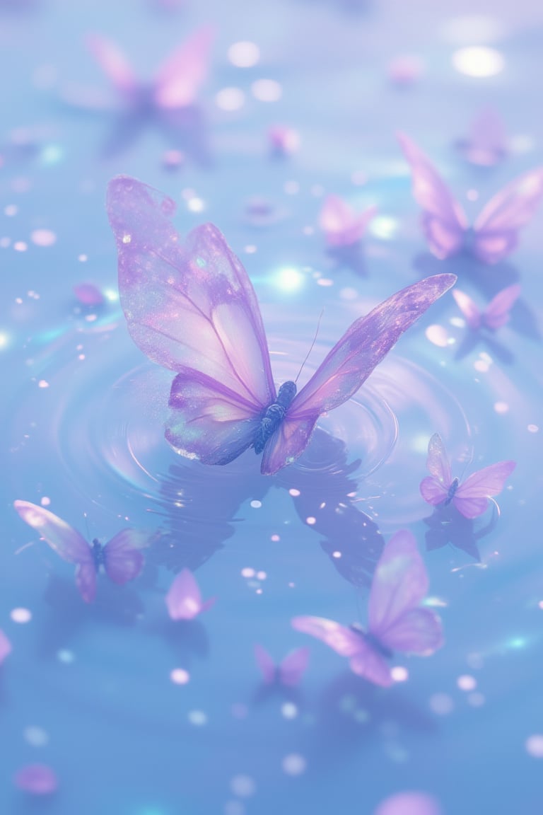 Light purple butterfly, sparkling light blue water surface, crystal clear, in the style of ethereal details, pink and gold colors, Y2K aesthetic, dreamy realism, stock photography, dreamlike illustrations, light silver background with a few pink butterflies floating on it, sparkling reflections, ultra-high definition images, fairy tale scenes, dreamy, fantasy, minimalist backgrounds, bright, sparkling water reflection, ripples.