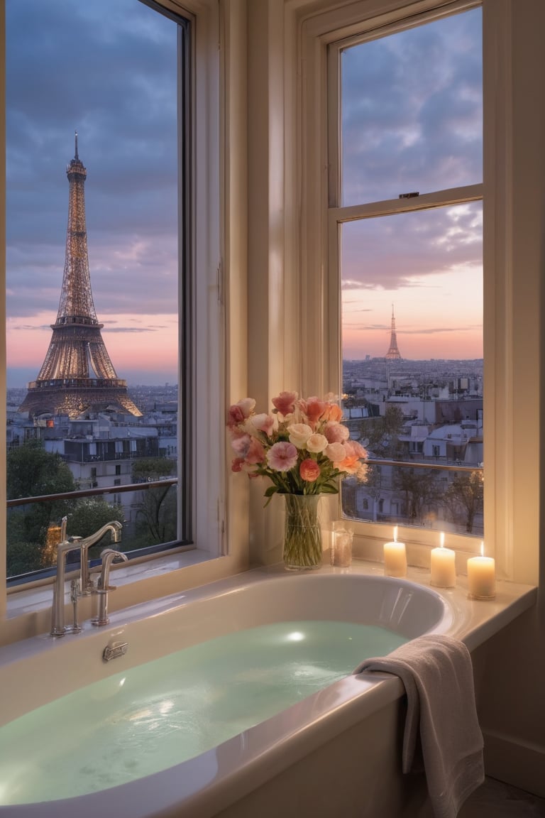 A bathroom with a large window overlooking the lights on Eiffel Tower in Paris, a bathtub filled with water and flowers, a silver towel rack, candles around and a beautiful view outside, perfect detailed luxury hotel windows at night pastel colors