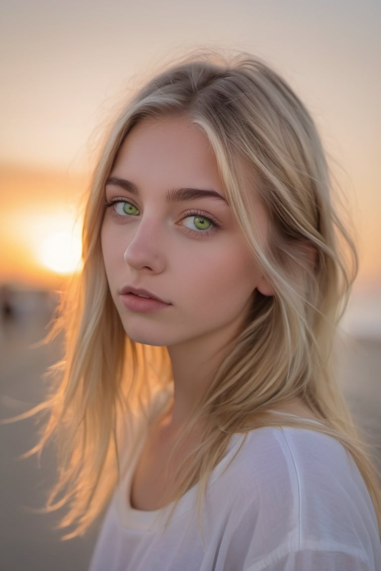 teen, droopy ((green eyes)), arched eyebrows, straight medium blonde hair, pale, skinny, outdoors in Huntington Beach Pier, California, at sunset, style of b-movie aesthetics, hyperrealism, hyper-realistic, photo-realistic techniques, captivating documentary photos, quito school