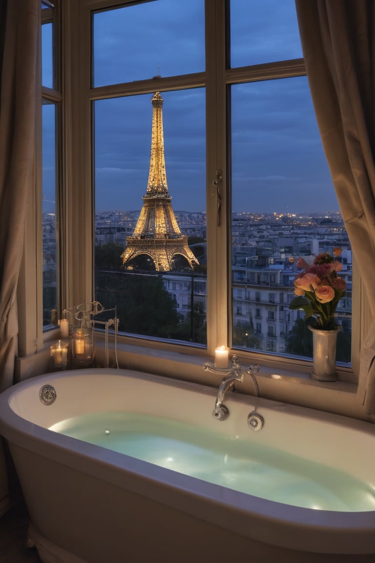 A bathroom with a large window overlooking the lights on Eiffel Tower in Paris, a bathtub filled with water and flowers, a silver towel rack, candles around and a beautiful view outside, perfect detailed luxury hotel windows at night