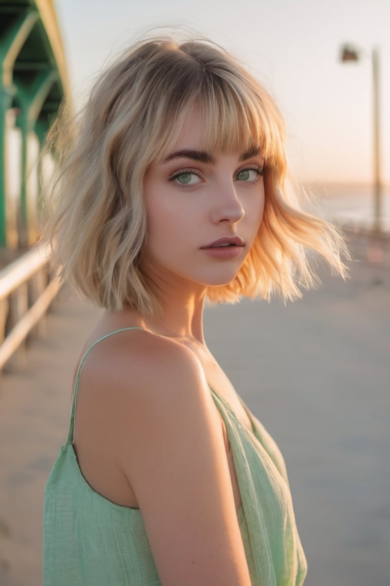 teen, droopy ((green eyes)), arched eyebrows, straight bob haircut blonde hair, pale, skinny, outdoors in Huntington Beach Pier, California, at sunset, style of b-movie aesthetics, hyperrealism, hyper-realistic, photo-realistic techniques, captivating documentary photos, quito school, full body shot, beautiful legs, dressing a summer dress