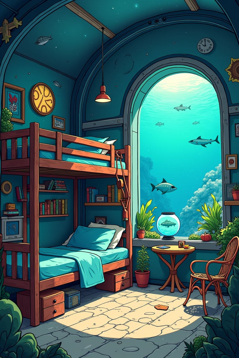 a cozy steampunk bedroom at the bottom of the ocean, bunk bed, books, aquarium, large window, vibrant colors, Studio Ghibli, StdGBRedmAF, lineart