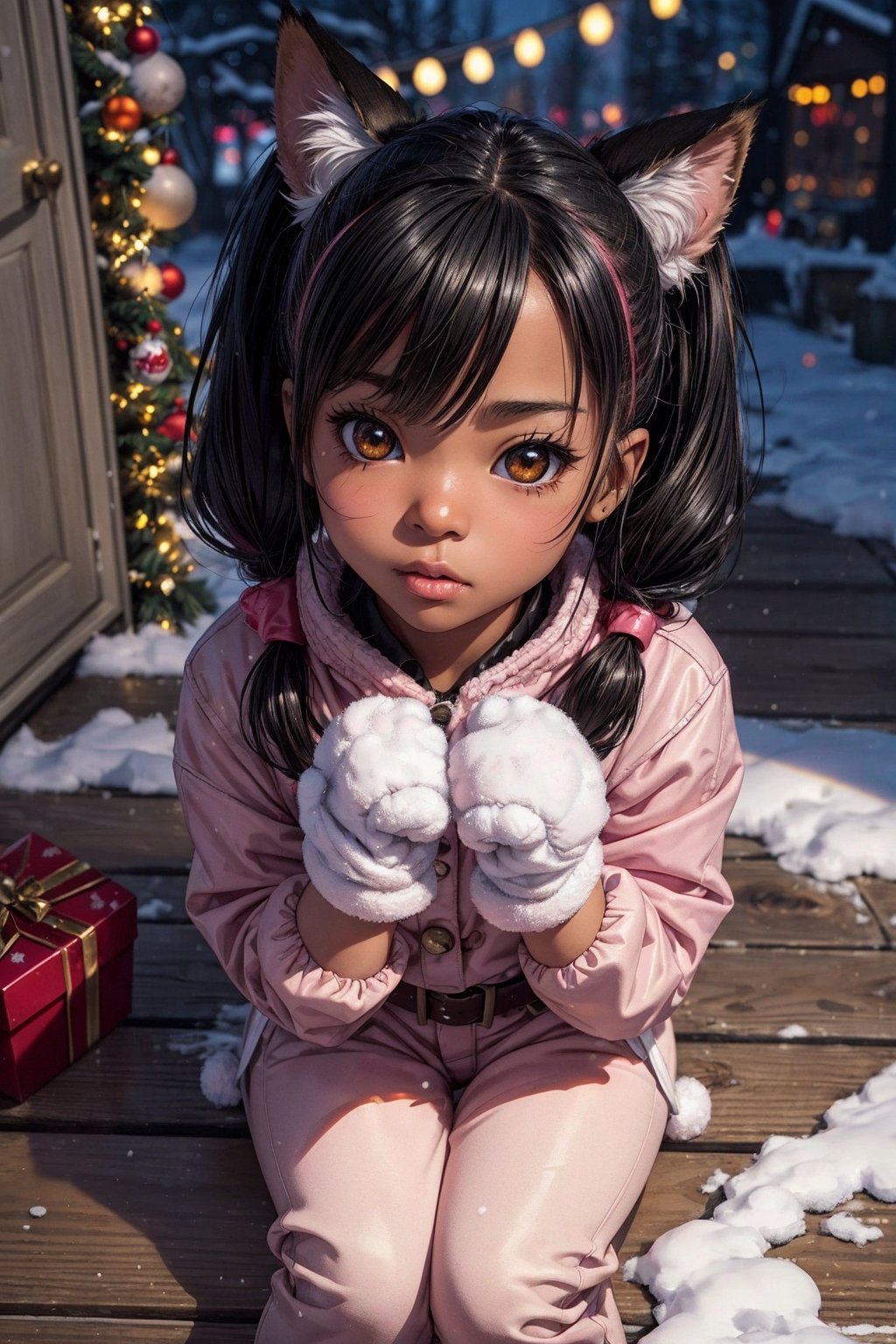 (chibi,loli,) perfect-composition, Perfect pictorial composition, Creative poster, Cute, age 8,pouty full lips, (waist up, sharp focus),(winter coat,winter pants,gloves,pink,paw-print), wood floor,(Christmas lights on house),playing outside in the snow,snow angel,snow ball,snowman,(xmas tree),angel wings,animal ear fluff,(low twintails),happy,(Best Quality:1.2), (Ultra-detailed), (Photorealistic:1.37), (HDR), (Vivid colors),  (Warm and bright color tones), (Soft diffuse lighting),food ,niji style,( (extremely black skin/ebony skin/