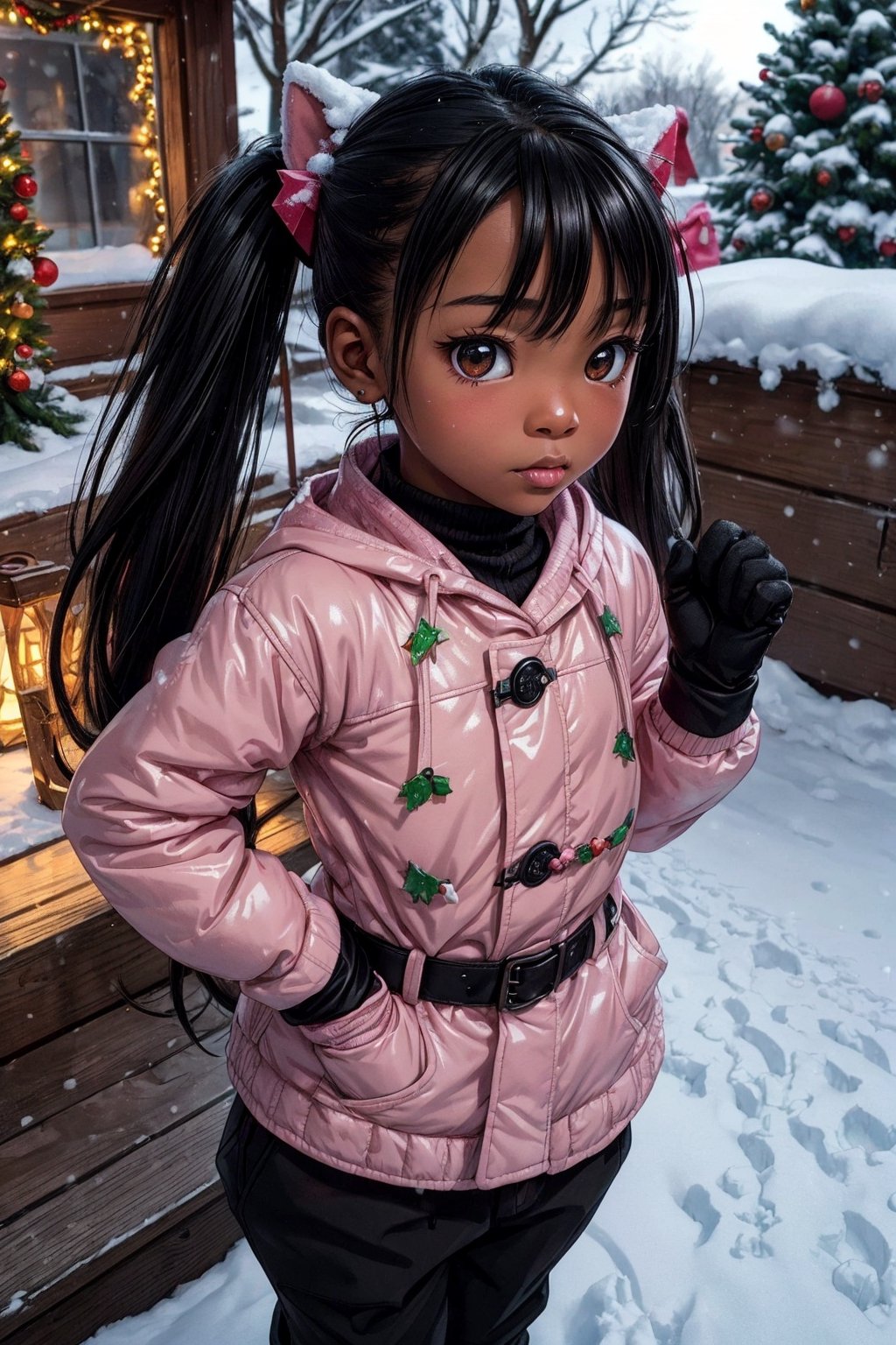 (chibi,loli,) perfect-composition, Perfect pictorial composition, Creative poster, Cute, age 8,pouty full lips, (waist up, sharp focus),(winter coat,winter pants,gloves,pink,paw-print), wood floor,(Christmas lights on house),playing outside in the snow,snow angel,snow ball,snowman,(xmas tree),animal ear fluff,(low twintails),happy,(Best Quality:1.2), (Ultra-detailed), (Photorealistic:1.37), (HDR), (Vivid colors),  (Warm and bright color tones), (Soft diffuse lighting),food ,niji style,( (extremely black skin/ebony skin/