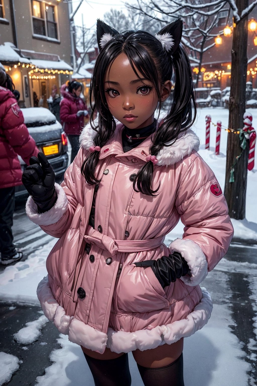 (chibi,loli,) perfect-composition, Perfect pictorial composition, Creative poster, Cute, age 8,pouty full lips, (waist up, sharp focus),(winter coat,gloves,pink,paw-print), wood floor,(Christmas lights on house),playing outside in the snow,snow angel,(xmas tree),animal ear fluff,(low twintails),happy,(Best Quality:1.2), (Ultra-detailed), (Photorealistic:1.37), (HDR), (Vivid colors),  (Warm and bright color tones), (Soft diffuse lighting),food ,niji style,( (extremely black skin/ebony skin/