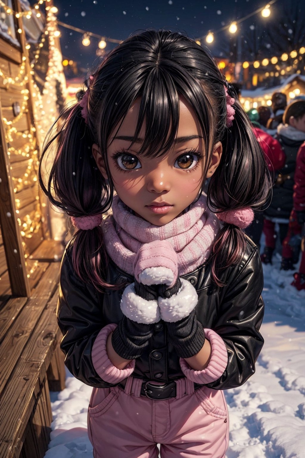 (chibi,loli,) perfect-composition, Perfect pictorial composition, Creative poster, Cute, age 8,pouty full lips, (waist up, sharp focus),(winter coat,winter pants,gloves,pink,paw-print), wood floor,(Christmas lights on house),playing outside in the snow,snow angel,snow ball,snowman,(xmas tree),animal ear fluff,(low twintails),happy,(Best Quality:1.2), (Ultra-detailed), (Photorealistic:1.37), (HDR), (Vivid colors),  (Warm and bright color tones), (Soft diffuse lighting),food ,niji style,( (extremely black skin/ebony skin/