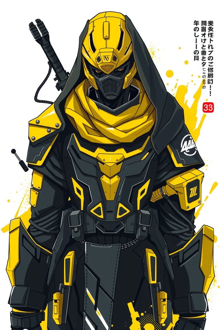 Realistic anime {{cyberpunk warrior in black and yellow}}, sharp outline, intricate, clean shapes, clean, cell shading, visible brush strokes