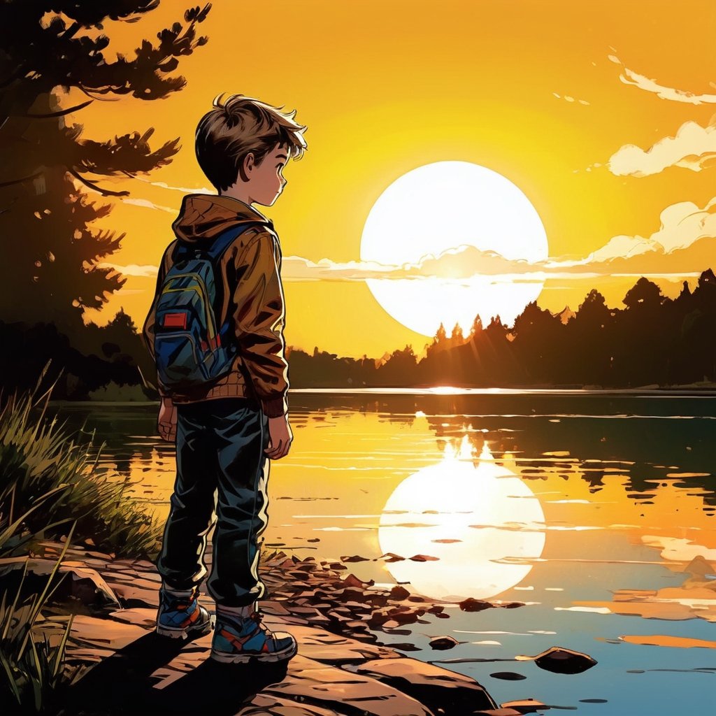 boy beside a lake, morning sun, epic, visible brush strokes, comic book art