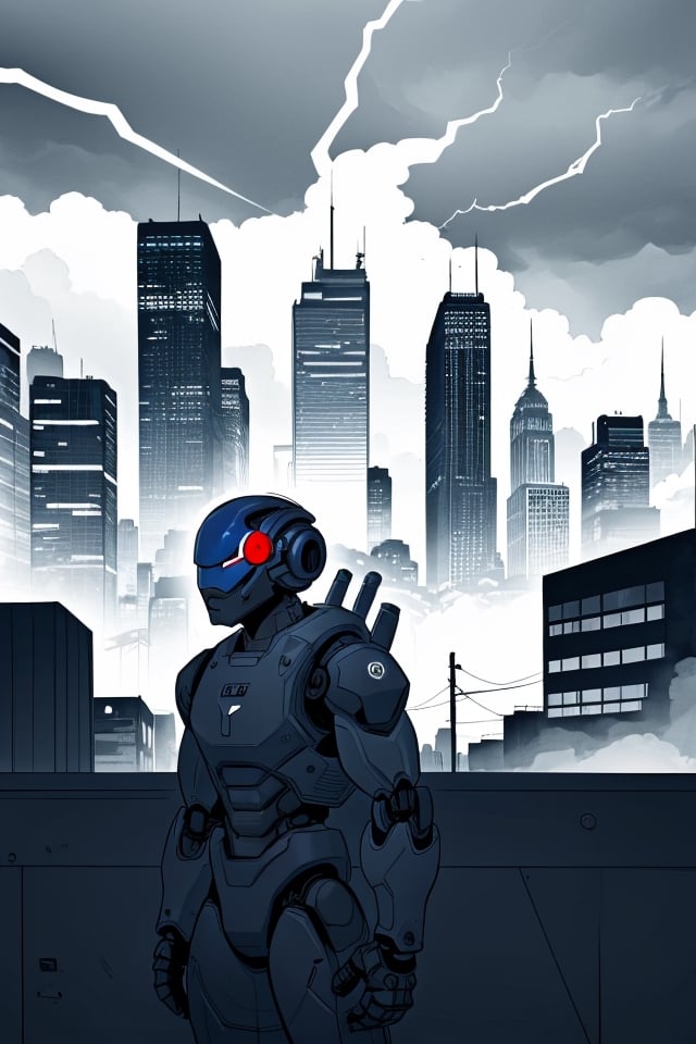 Ink drawing, man andoid robot with human head, cityscape as background, stormy weather, around Silhouette, intricate, 8k, blue, red, high contrast