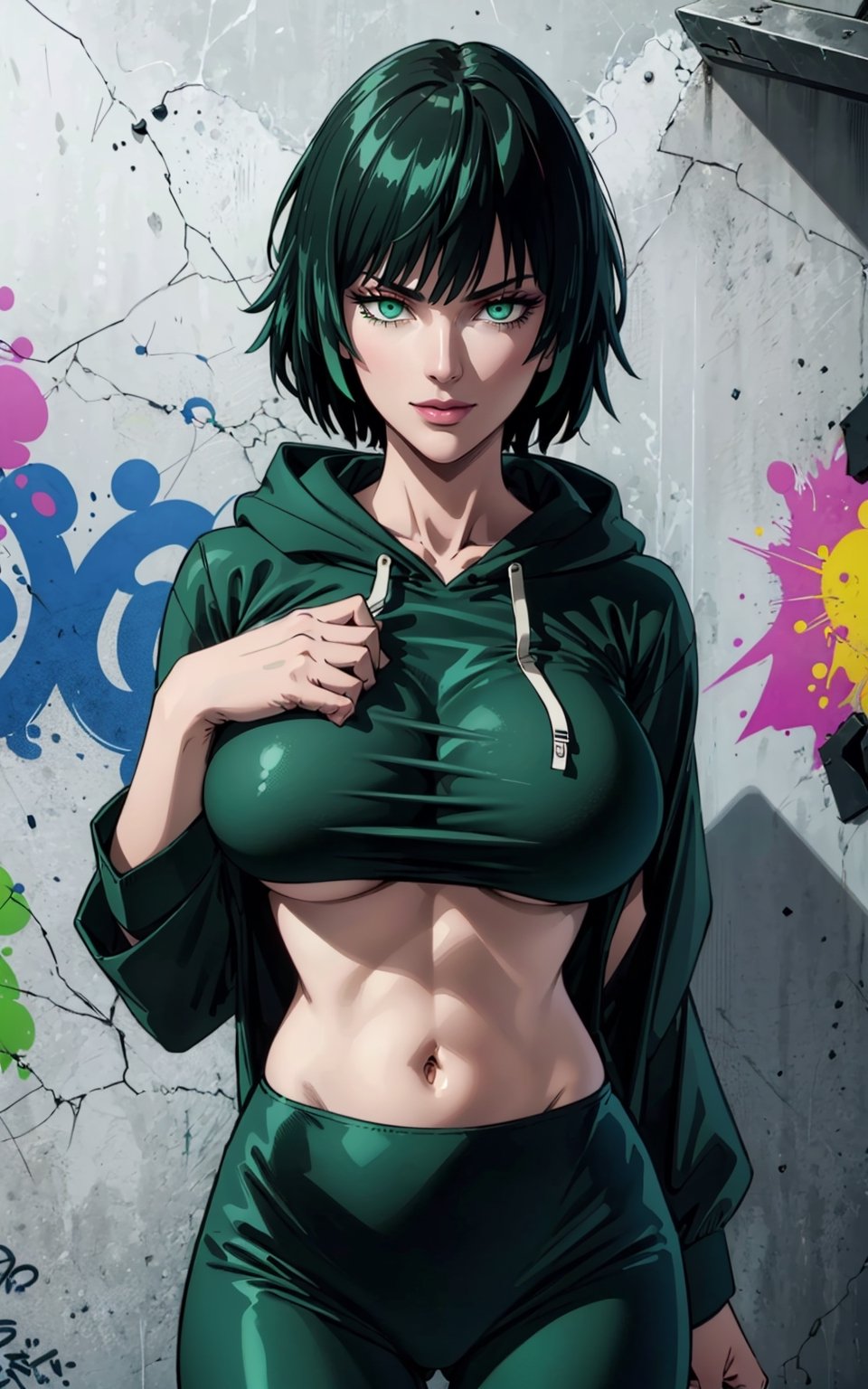 1girl, fubuki, green eyes, smiley, short hair, green hair, cropped hoodie underboob cut, blue leggings, skinny waist:1.3, huge breasts, huge hip, navel, underboob cut hoodie(detailed face:1.2), (detailed eyes:1.2), (detailed background), graffiti wall, realhands, more detail