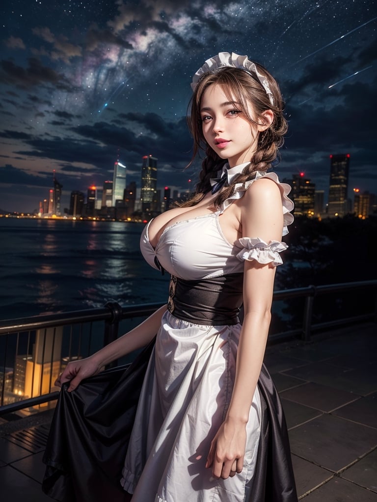 ((masterpiece)), ((maid dress)), (brown hair), blue eyes, twin braids, huge breasts, big hips, (looking at viewer), silhouette,1 busty cute face light smile girl, pale skin, beauty_mark, mole, star (sky), cloud, cityscape, building, city, outdoors, skyscraper, city lights, night, night sky, sunset, skyline,