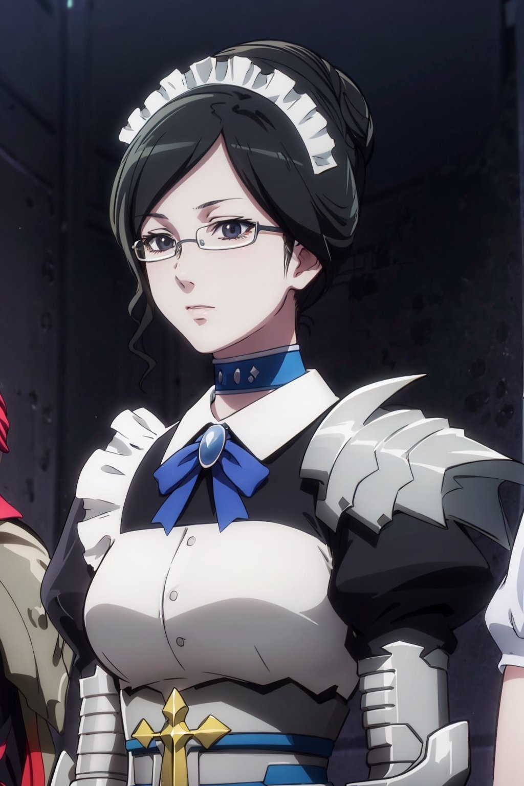 (masterpiece, best quality, highres:1.1), (realistic skin texture:1.2), ultra resolution image, BREAK, confident, cowboy_shot,modern city, standing, single hair bun, silver|black hair, glasses, maid dress, maid apron, yuri alpha,yofukashi background