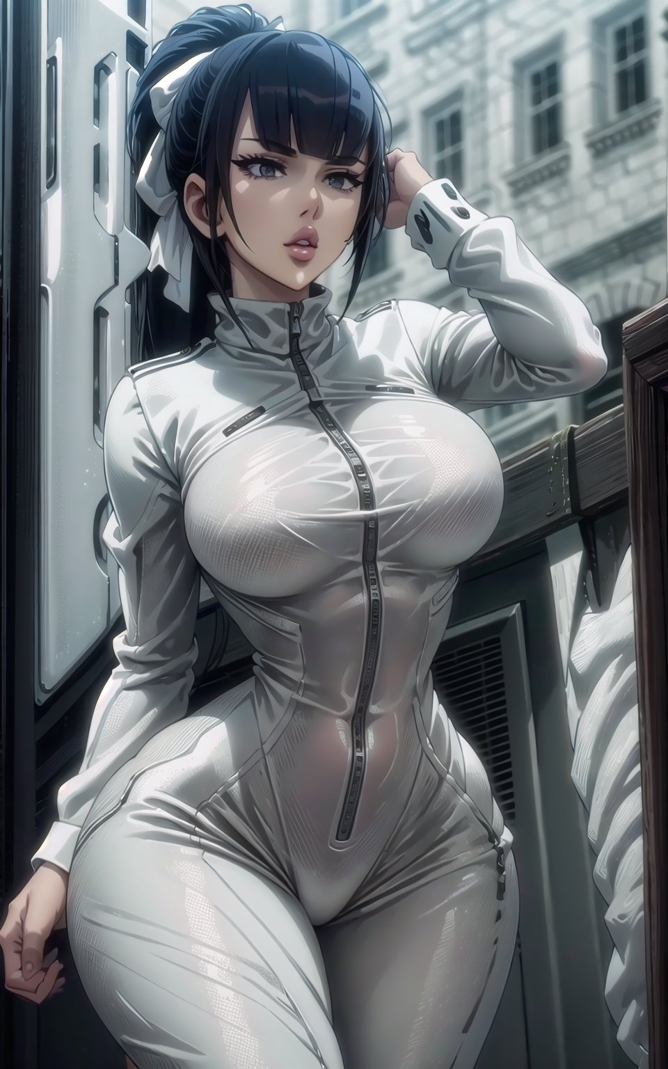 beautiful 1women,wearing a white leopard suit and a jacket on top,sexy,seducing,masterpiece, best quality, narberal gamma, black hair, ponytail,b1mb0