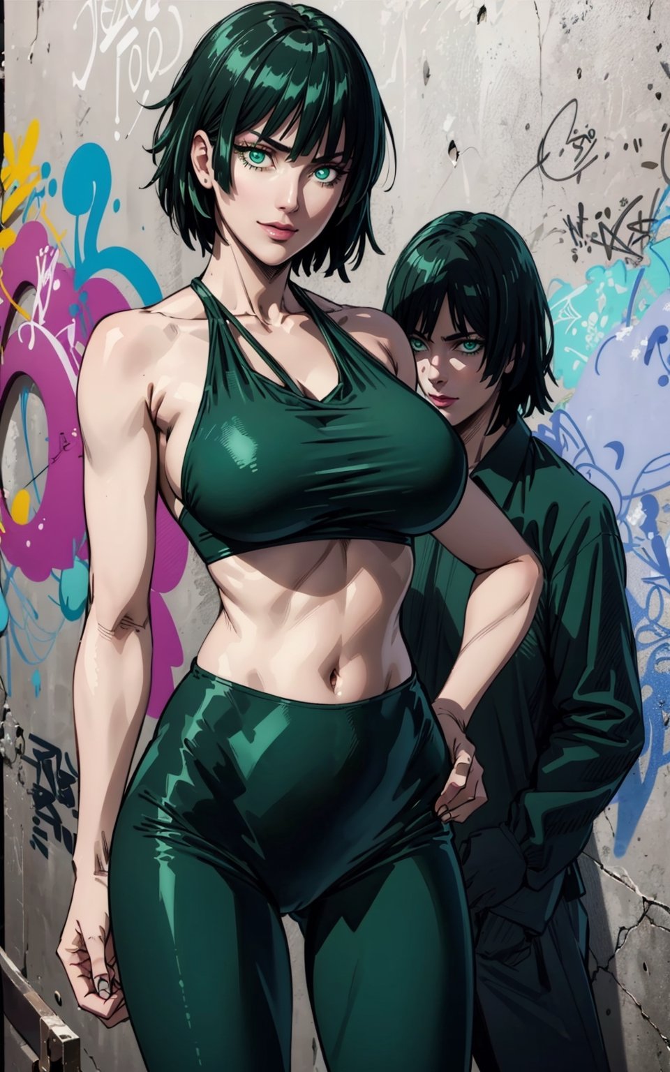 1girl, fubuki, green eyes, smiley, short hair, green hair, halter dress sideboob, blue leggings, skinny waist:1.3, huge breasts, huge hip, navel, (detailed face:1.2), (detailed eyes:1.2), (detailed background), graffiti wall, realhands, more detail