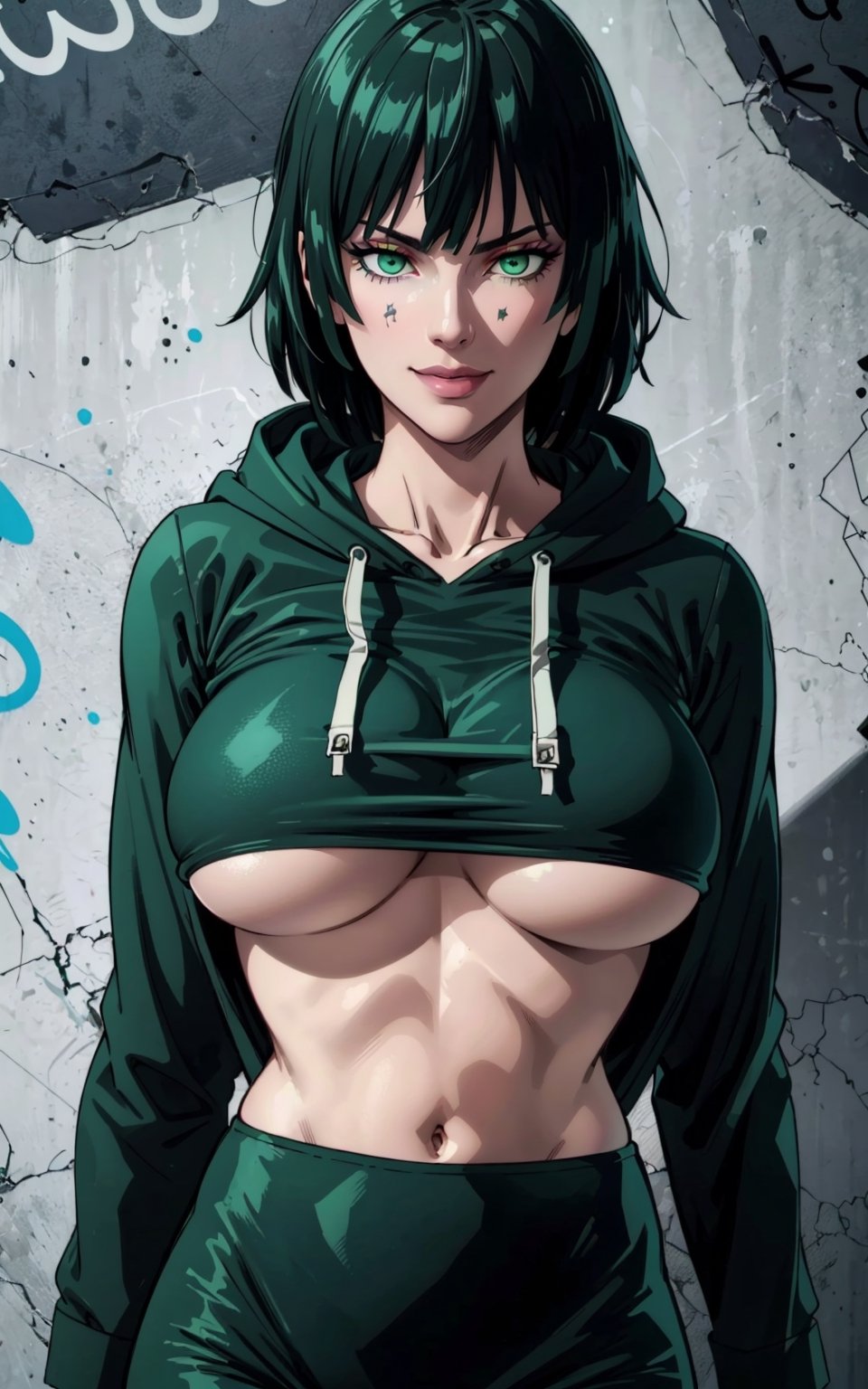 1girl, fubuki, green eyes, smiley, short hair, green hair, cropped hoodie underboob cut, blue leggings, skinny waist:1.3, huge breasts, huge hip, navel, underboob cut hoodie(detailed face:1.2), (detailed eyes:1.2), (detailed background), graffiti wall, realhands, more detail