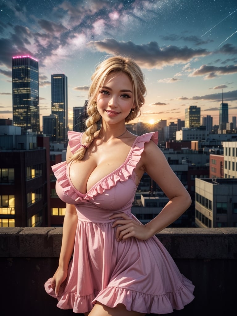 ((masterpiece)), ((pink frilled dress)), (blonde hair), green eyes, twin braids, huge breasts, big hips, (looking at viewer), silhouette,1 busty cute face light smile girl, pale skin, beauty_mark, mole, star (sky), cloud, cityscape, building, city, outdoors, skyscraper, city lights, night, night sky, sunset, skyline,