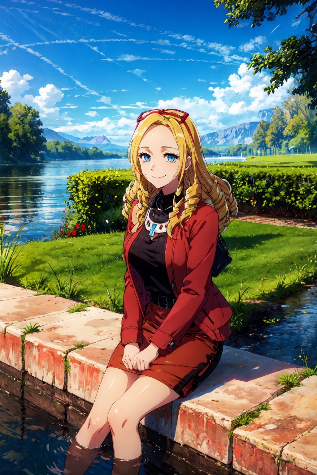 masterpiece,best quality,1girl,mature female,solution epsilon,blue eyes,black sweater,cross necklace,high collar dress,red jacket,pencil skirt,red skirt,sitting,smile,outdoors,riverbank,wind,water drop,