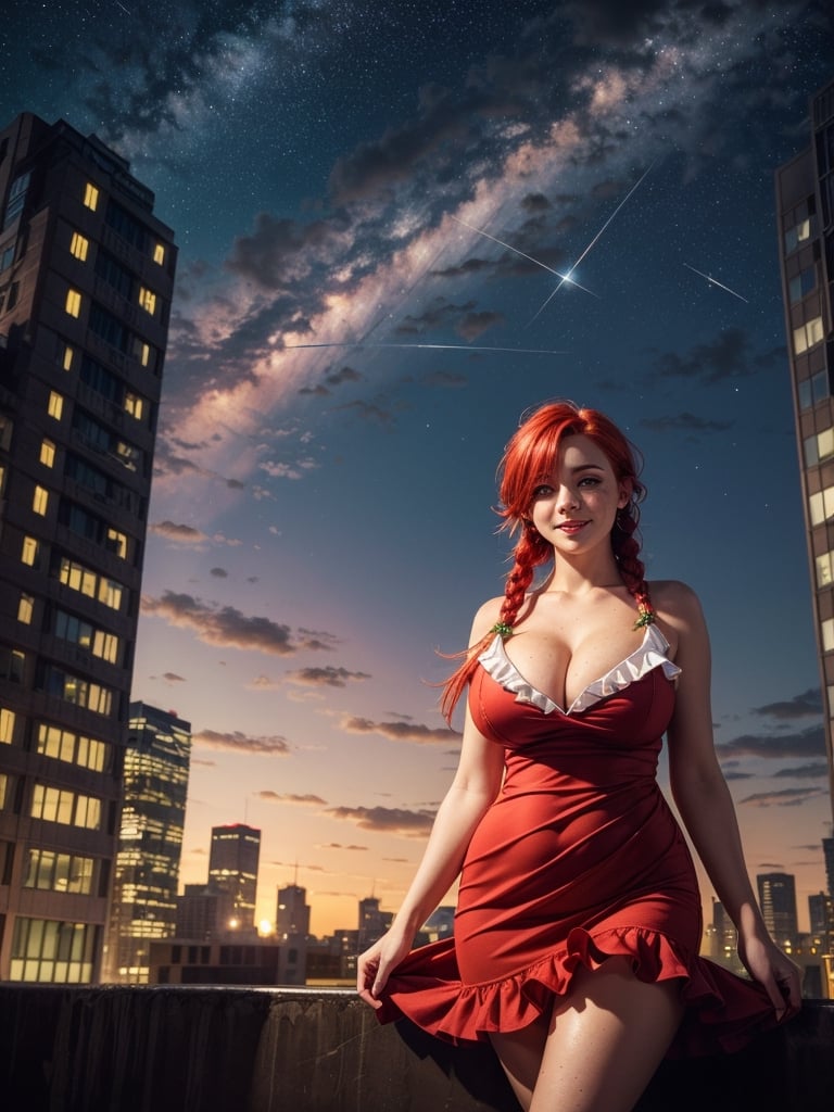 ((masterpiece)), ((red frilled dress)), (red hair), green eyes, twin braids, huge breasts, big hips, (looking at viewer), silhouette,1 busty cute face light smile girl, pale skin, freckles, star (sky), cloud, cityscape, building, city, outdoors, skyscraper, city lights, night, night sky, sunset, skyline,