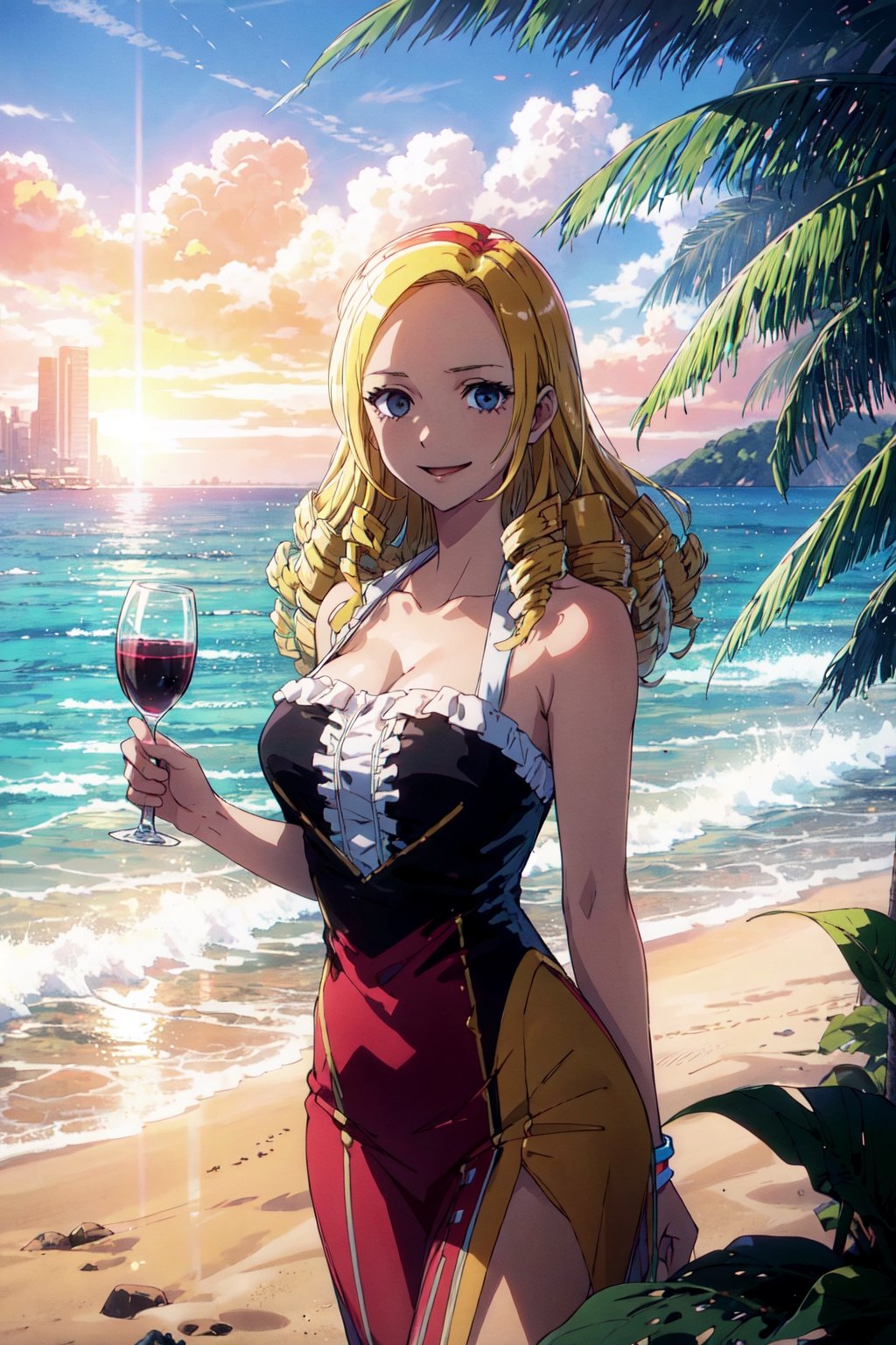 kawaii, illustration, (solution epsilon:1.4), (Blade Runner style:1.2), BREAK
In this digital illustration, solution epsilon dressed in a halter dress relishes a tropical beach holiday. Her vibrant emo style merges with her halter dress, as she relaxes with a wine glass under the sunlit sky, occasionally enjoying karaoke. The scene bursts with the lively colors of the beach and the shimmering sea, highlighted by the warm sunset. This unique mix of emo and tropical beach vibes conveys a carefree and joyful summer atmosphere, with the sunlight creating a sparkling effect on the sea and wine glass. The overall mood is cheerful and spirited, perfect for a fun summer day.,solution epsilon, large breasts, large hips. ,CLOUD