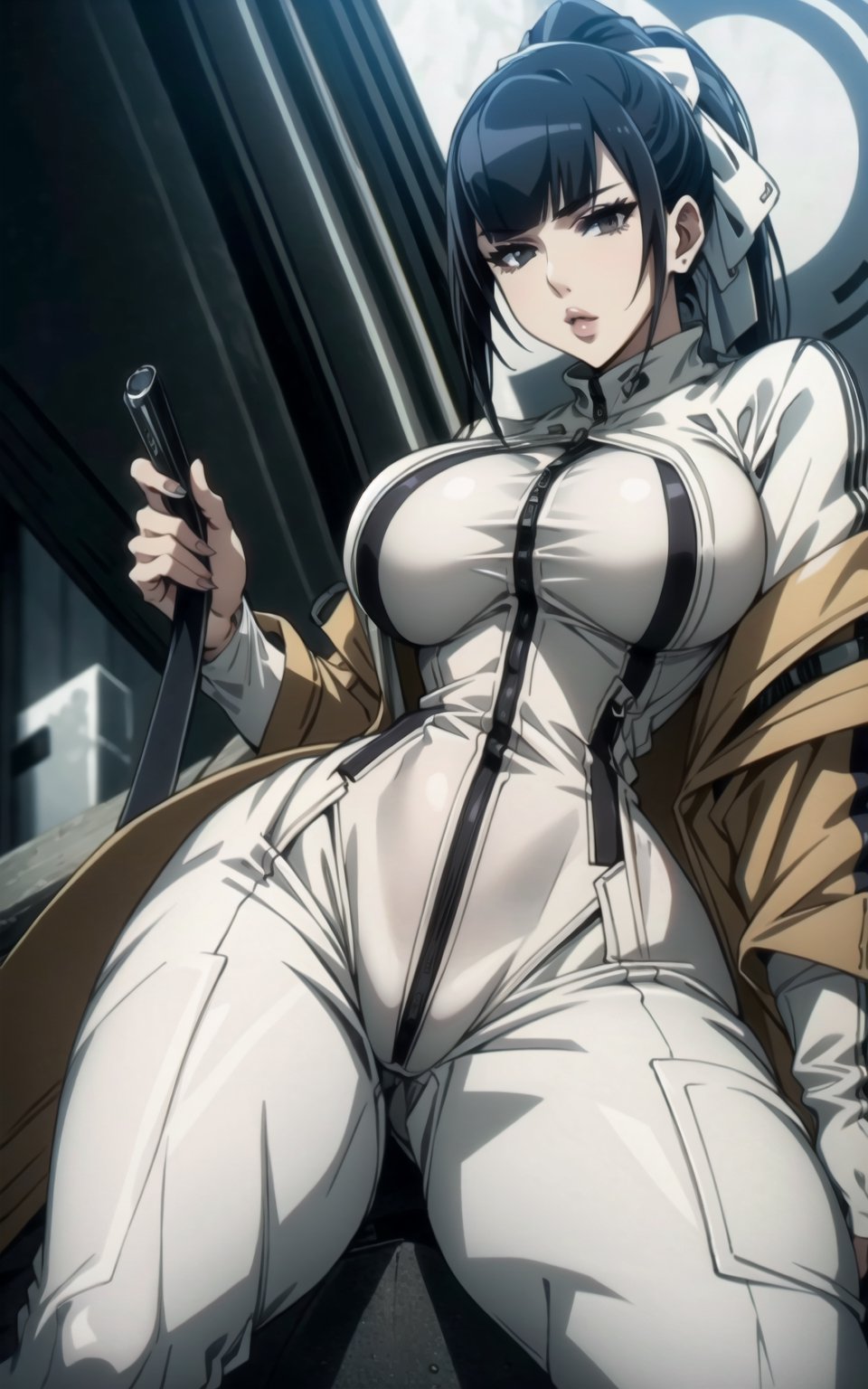 beautiful 1women,wearing a white leopard suit and a jacket on top,sexy,seducing,masterpiece, best quality, narberal gamma, black hair, ponytail,b1mb0