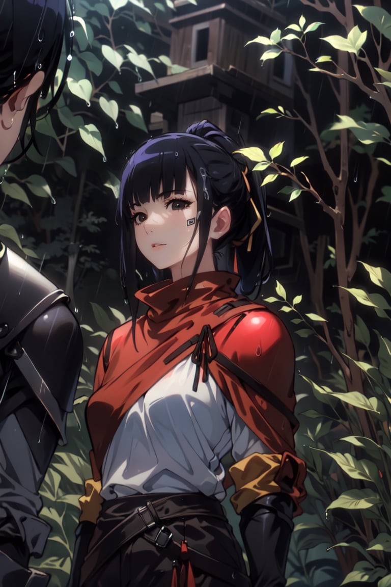 masterpiece, best quality, highres, 1girl, 30 aged, long ponytail black hair, black_eyes, purple armor, cry, ((rain)), expressive face, standing, night, forest, 1 girl, fantasy, looking_at_viewer,milfication,midjourney,narberal gamma