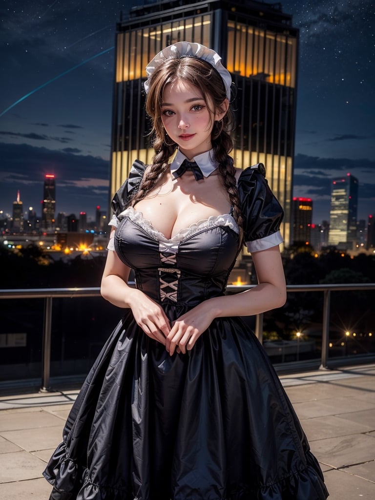 ((masterpiece)), ((maid dress)), (brown hair), blue eyes, twin braids, huge breasts, big hips, (looking at viewer), silhouette,1 busty cute face light smile girl, pale skin, beauty_mark, mole, star (sky), cloud, cityscape, building, city, outdoors, skyscraper, city lights, night, night sky, sunset, skyline,