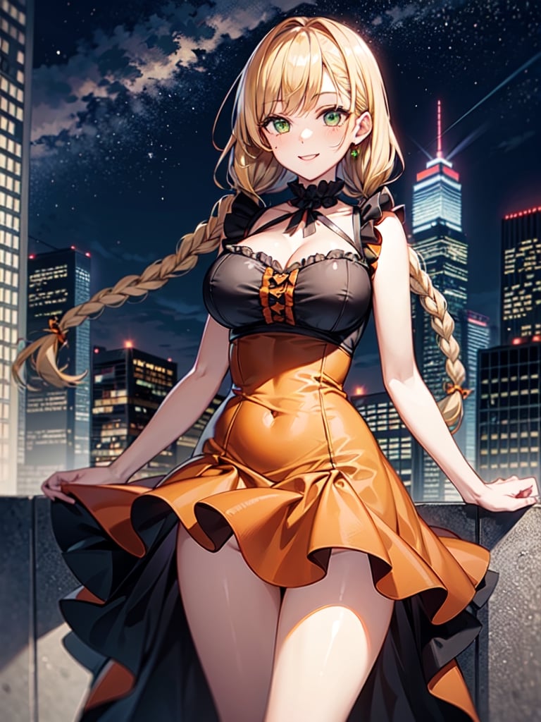 ((masterpiece)), ((orange frilled dress)), (blonde hair), green eyes, twin braids, medium breasts, huge hips, (looking at viewer), silhouette,1 busty cute face light smile girl, pale skin, beauty_mark, mole, star (sky), cloud, cityscape, building, city, outdoors, skyscraper, city lights, night, night sky, sunset, skyline,