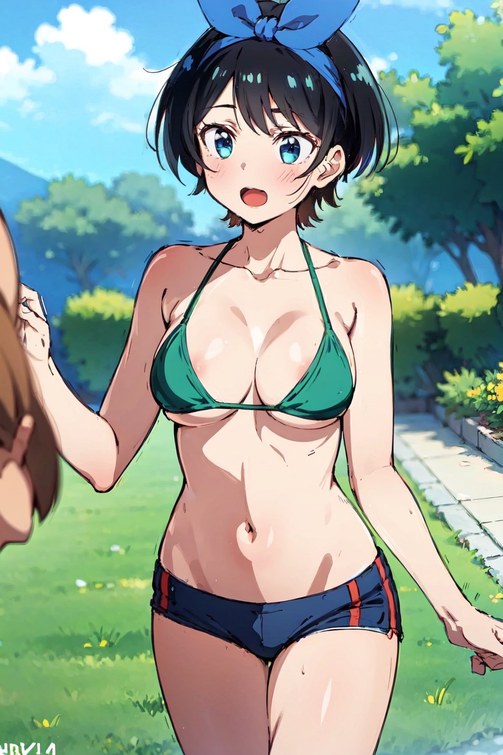 1girl, perfect,light,front view,front facing, 1girl, black hair, hairband, short hair, solo, hairband, blue eyes,ruka,  1 girl,High detailed,,short hair,,, 1girl,medium breasts, sarashina ruka, black hair, breasts, boobs,REIOVABIKINI, bikini, beach, front view,RukaSarashina