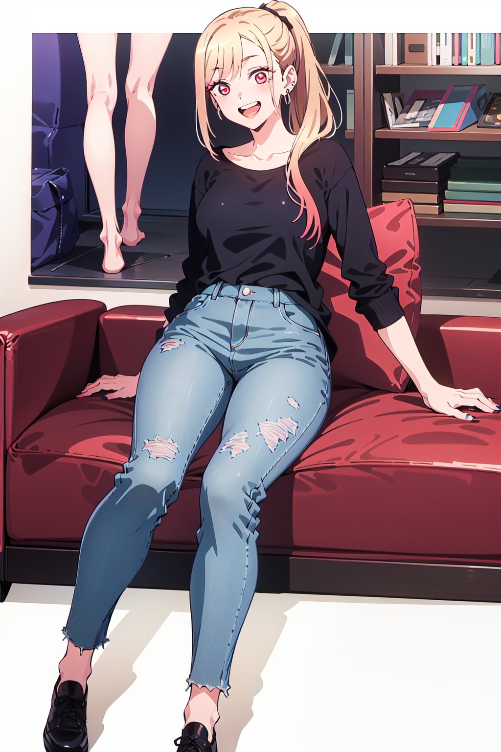 30 years old,
ponytail,modeling pose, foreground,full_body,oversized jeans,kitagawa marin sb,kitagawa marin sb,1girl, solo, open mouth, grin, smile,long hair, blonde hair, red eyes, multicolored hair, earrings,breasts