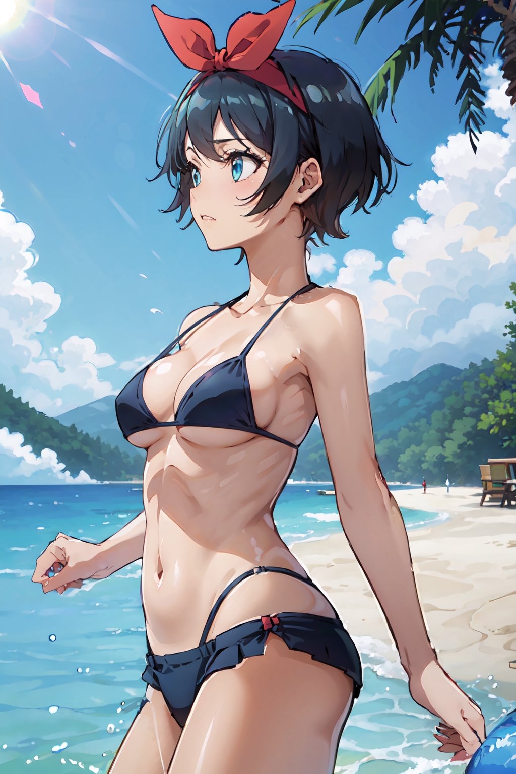 1girl, perfect,light,front view,front facing, 1girl, black hair, hairband, short hair, solo, hairband, blue eyes,ruka,  1 girl,High detailed,,short hair,,, 1girl,medium breasts, sarashina ruka, black hair, breasts, boobs,REIOVABIKINI, bikini, beach, 