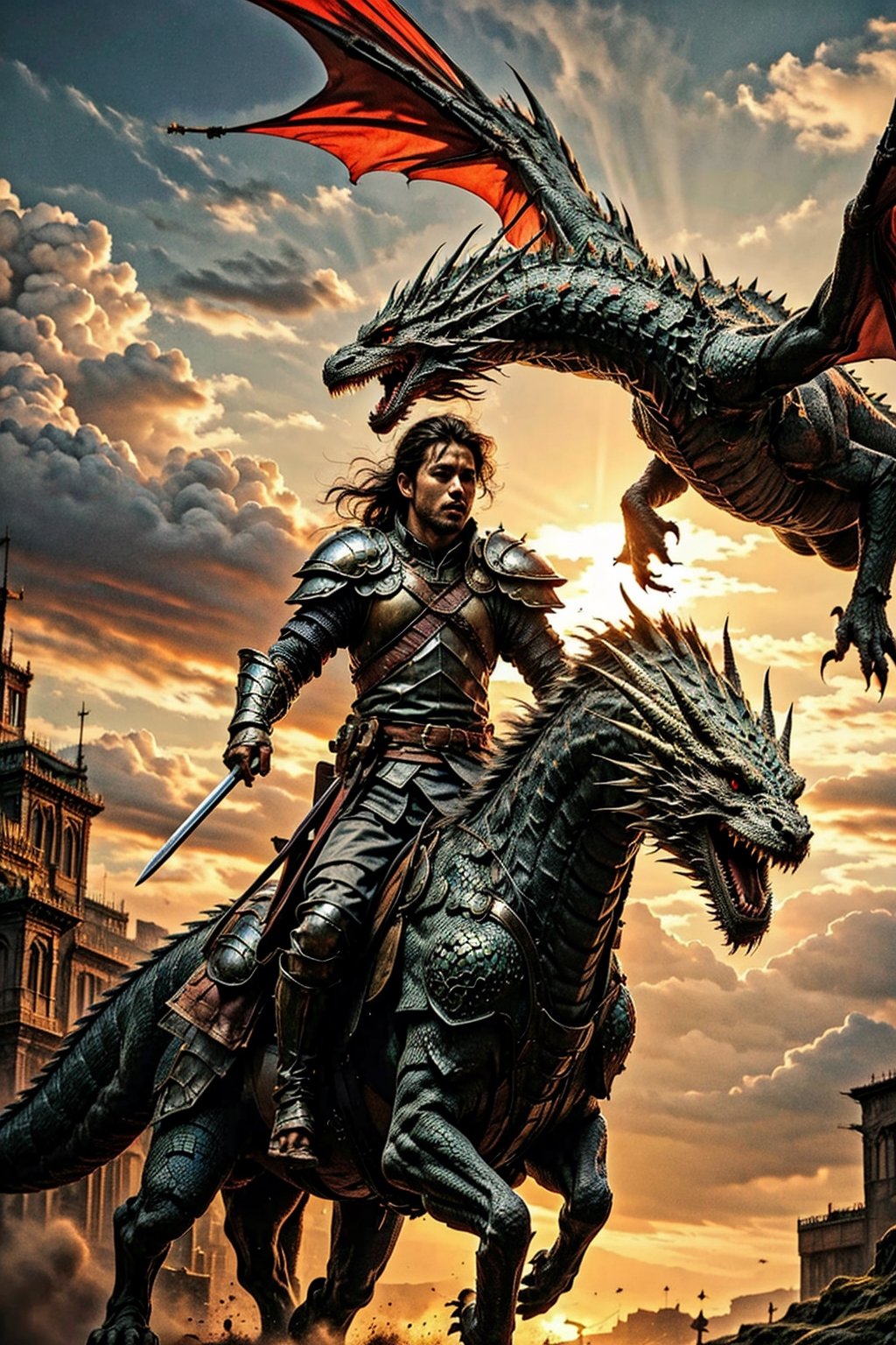 high quality, highly detailed, fantasy, warrior man,man,riding dragon ,warrior,wearing Armor,sword in hand,dragon,beautiful sky,clouds, sunlight,intricate lighting,potrait,ws7