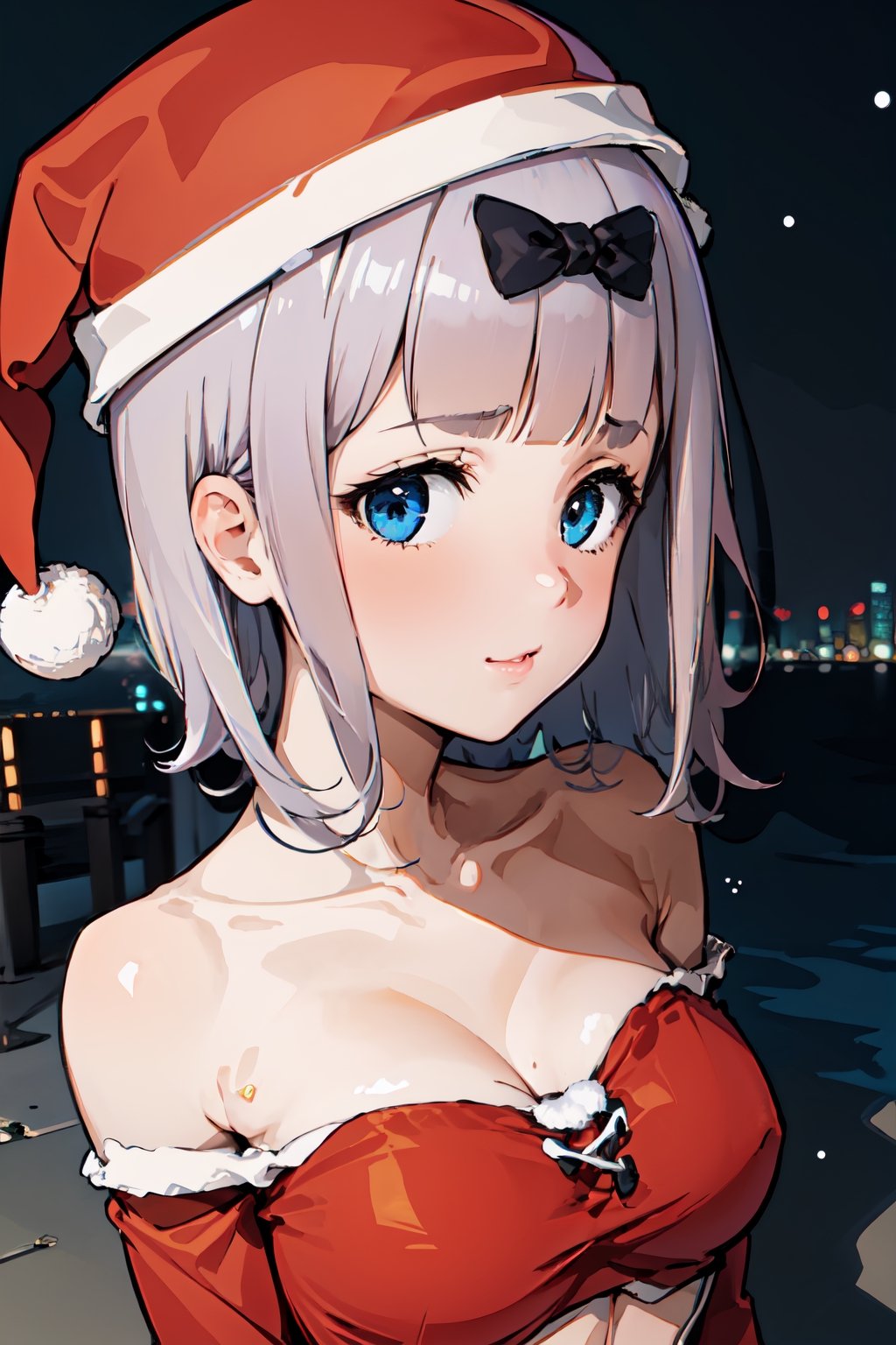 1girl, perfect,light,front view,front facing, best quality, aesthetics, detailed, alone, chika1, fujiwara chika, , black bow, hair_bow,  blunt bangs, collarbone, , large breasts ,1 girl,High detailed,,Santa hat,short hair,santa costume,sntdrs,1girl,,chika1,sexysanta