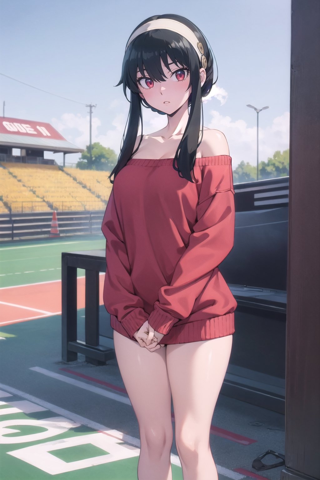 Highly detailed, High Quality, Masterpiece, beautiful, full body,yor, 1girl, solo, off-shoulder sweater, red sweater, collarbone, no background, black hair, red eyes, black hair, black hair, short hair, short hair with long locks, bangs, sideburns, white headband,,BREAK looking at viewer,BREAK outdoors,BREAK,BREAK outdoors, track and field,BREAK looking at viewer, BREAK , (masterpiece:1.2), best quality, high resolution, unity 8k wallpaper, (illustration:0.8), (beautiful detailed eyes:1.6), extremely detailed face, perfect lighting, extremely detailed CG, (perfect hands, perfect anatomy), vape,High detailed ,anime, yorforger, red eyes